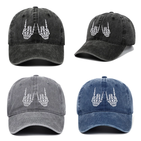 Baseball Cap Gewaschene Baumwolle Vintage Totenkopf Hand Stickerei Rock Geste Streetwear Hip Hop Dad Hat Verstellbar