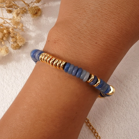 Natuursteen Kyaniet Kralen Armband Met Roestvrijstalen Tussenkralen 14K Vergulde Verlengketting Minimalistisch Boheemse Sieraden Vrouwen Cadeau