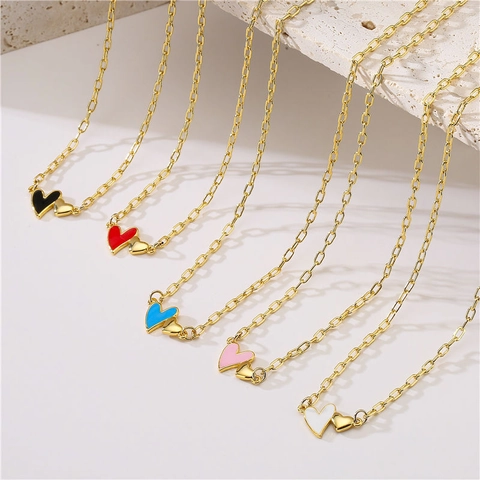 Heart Shaped Pendant Necklace Copper Enamel Colorful Drip Oil Paperclip Link Chain Sweet INS Style Jewelry For Women