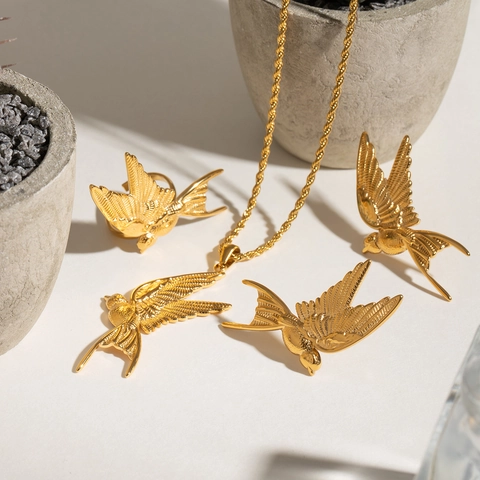 Swallow Bird Jewelry Stainless Steel Gold Plated Textured Feather Necklace Ring Earrings Waterproof Hypoallergenic Women