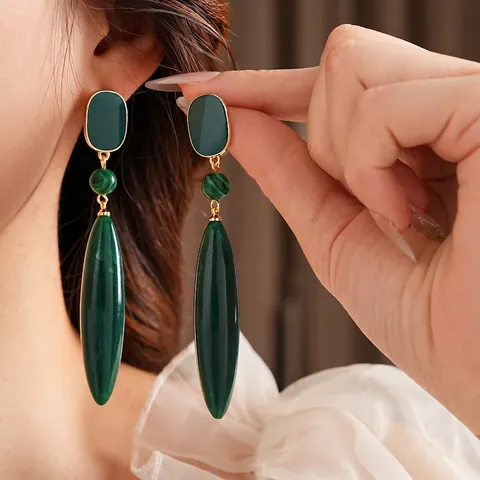 Orecchini A Goccia In Malachite Verde Vintage Lega Acrilico Lunga Goccia D'acqua Donne Con Silver Earring Post
