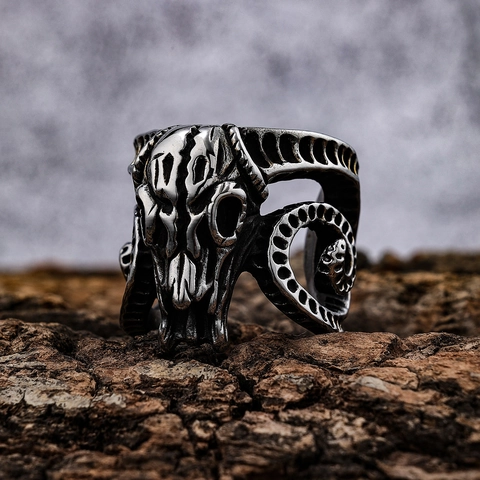 Anello Teschio Di Ariete Acciaio Inossidabile Gotico Punk Testa Animale Cornuta Gioielli Biker Vintage Uomo Donna