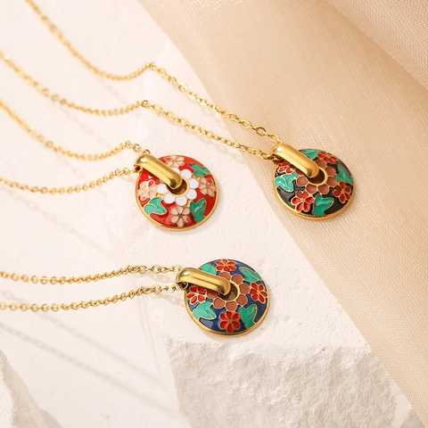 Collana Con Ciondolo A Disco Tondo Con Fiori In Smalto Acciaio Inossidabile Gioielli Floreali Eleganti Per Donna