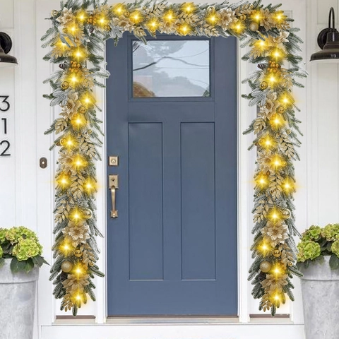 Ghirlanda Di Natale Fioccata Corona Swag Con Fiori Di Poinsettia Dorati Pigne Luci LED Calde Decorazione Per Porte E Finestre