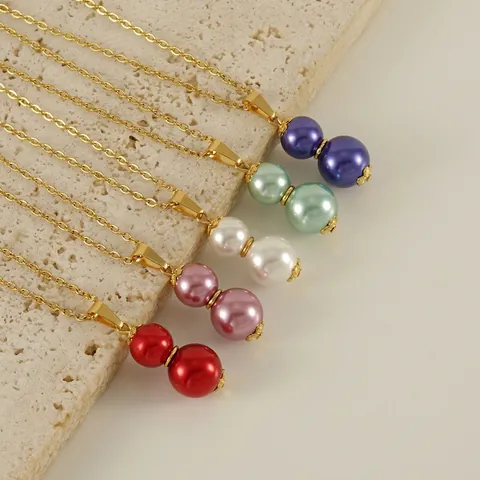 Women Pendant Necklace 18K Gold Plated Stainless Steel With Double Faux Artificial Pearl Gourd Shape Elegant Fashion Jewelry