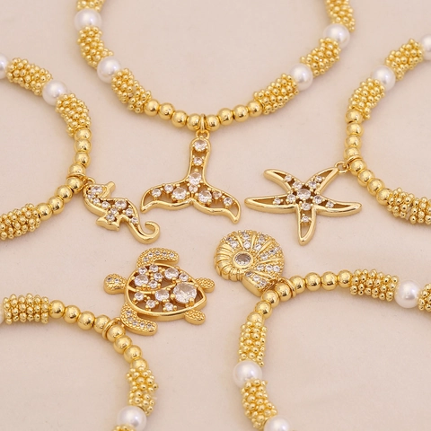 Pulsera De Cuentas Temática Oceánica Para Mujer Con Dijes De Cobre Circonitas Y Perlas Artificiales De Imitación Tortuga Marina Y Caballito