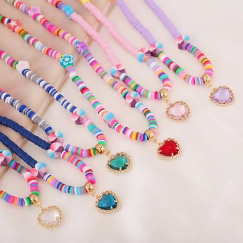 Collar De Cuentas Heishi De Arcilla Polimérica Colorida Bohemia Colgante De Corazón Vidrio Aleación Joyas Mujer