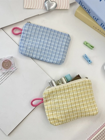 Plaid Coin Purse Polyester Canvas Zipper Pouch Pink Rope Handle Small Makeup Storage Portable Korean Style Women