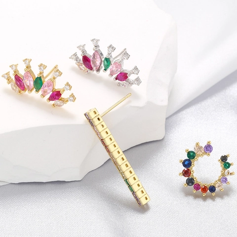 Luxury Colorful Cubic Zirconia Earrings 18K Gold Plated Brass Fan Geometric Bar C Shaped Fashion Jewelry For Women