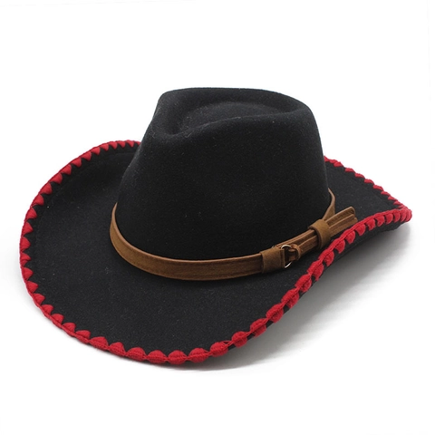 Retro Western Cowboy Hat Wide Brim Polyester Cotton Felt Fedora Jazz Hat With Belt Buckle Contrast Stitching Edge
