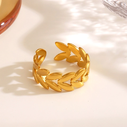 Anello Foglia Di Spiga Di Grano In Acciaio Inossidabile Aperto Regolabile Placcato Oro 18K Gioielli Moda Per Donna