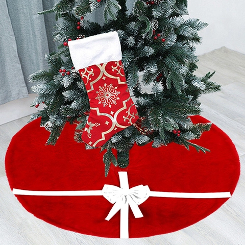 Christmas Tree Skirt Plush Round Holiday Party Decor Floor Mat With Bow Knot Soft Traditional Style For Home