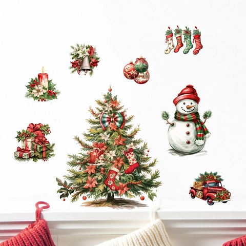 Christmas Wall Stickers PVC Waterproof Removable Snowman Tree Red Truck Decals For Living Room Bedroom Holiday Home Decoration