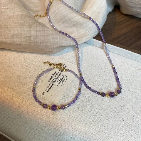 Collar Y Pulsera De Cuentas De Amatista Zircón Cobre Chapado En Oro Dulce Elegante Cadena De Clavícula Joyería Para Mujer