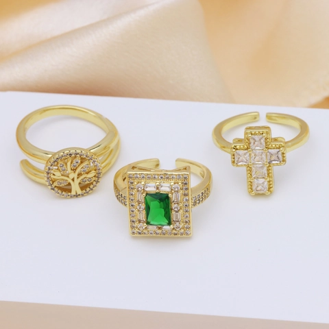 Verstellbare Offene Ringe Kreuz Lebensbaum Grüner Edelstein 18K Vergoldet Kupfer Zirkonia Luxusschmuck Für Damen