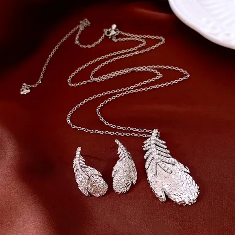 Vintage Feather Jewelry Collection Zircon Pleated Long Necklace And Earrings With Silver Earring Post Copper Luxury Women