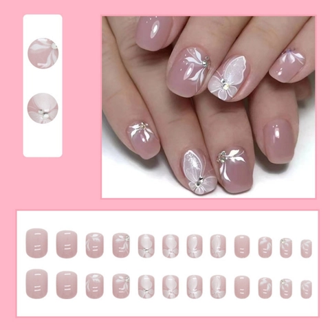 Press On Nails Short Square Glossy Nude Pink Butterfly Floral Patterns Rhinestone Decor Sweet Style Artificial Fingernails