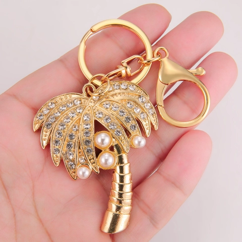 Palm Tree Keychain Gold Alloy Rhinestone And Faux Artificial Pearl Coconut Tree Pendant Bag Charm Women Jewelry Gift