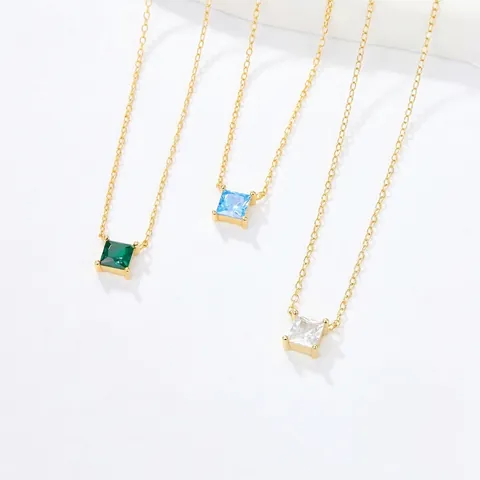 925 Sterling Silver Necklace With Square Zircon Pendant Gold Plated Minimalist Clavicle Chain Jewelry For Women