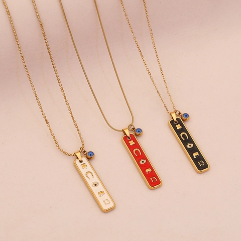 Evil Eye Glückssymbole Anhänger Halskette Edelstahl Emaille Langer Stab Elefant Hufeisen Kleeblatt Trendiger Schmuck