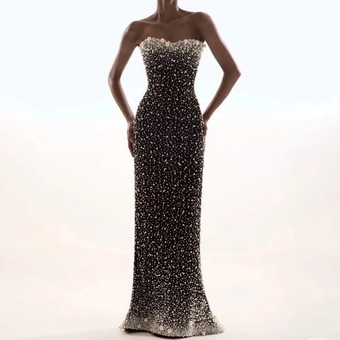 Abito Da Sera Senza Spalline Con Künstliche Perle Vestibilità Aderente Lungo Abito Da Festa Elegante Donna Lusso