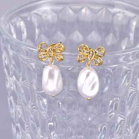 Bowknot Artificial Pearl Drop Earrings With Stainless Steel Earring Post 18K Gold Plated Zircon Vintage Jewelry For Women