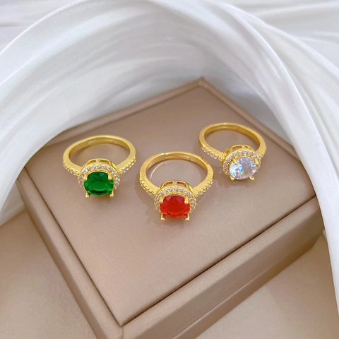 Women Adjustable Open Ring Brass Gold Plated Elegant Halo Round Cubic Zirconia Inlay Minimalist Jewelry Accessories