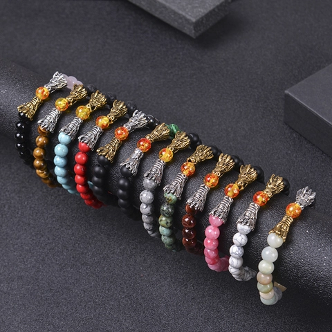 Natural Stone Beaded Bracelet With Alloy Dragon Head Tiger Eye Lava Rock Stretch Hand Jewelry For Men Women Vintage Punk Style
