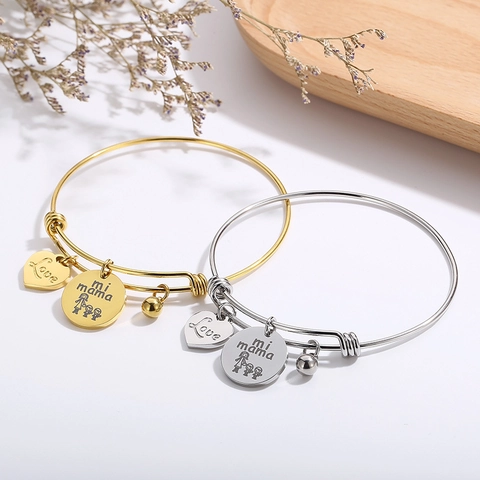Bracelet Jonc Ajustable En Acier Inoxydable Avec Charms Coeur Love Et Mi Mama Cadeau Fête Des Mères