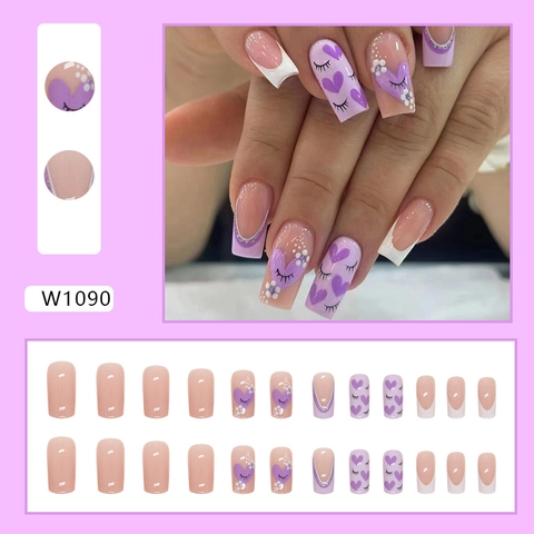 Medium Square Shape Purple Heart French Tip Press On Nails Sweet Style Versatile Artificial Nails For Women