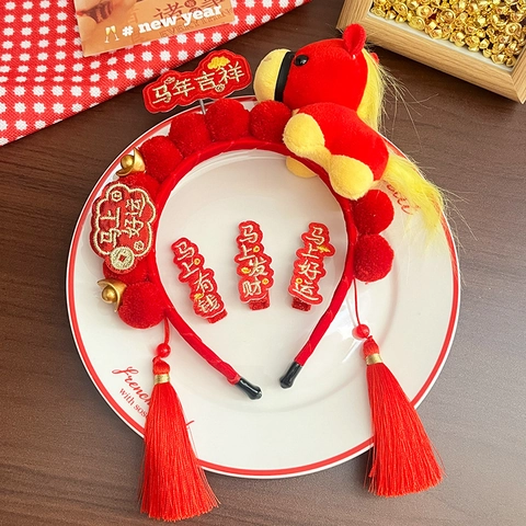 Chinesisches Neujahr Jahr Des Pferdes Stirnband Kinder Rot Plüsch Haarreif Quasten Festliche Goldbarren Dekoration