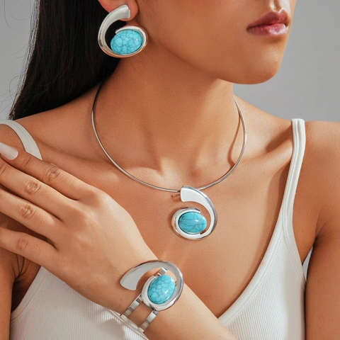 Alloy Synthetic Turquoise Jewelry Necklace Open Cuff Bracelet Earrings Vintage Bohemian Geometric Twisted Oval For Women