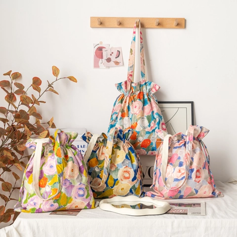 Borsa Tote Artistica In Tela Di Cotone Con Stampa Floreale Grande Capacità Borsa A Tracolla Con Coulisse Per Donna
