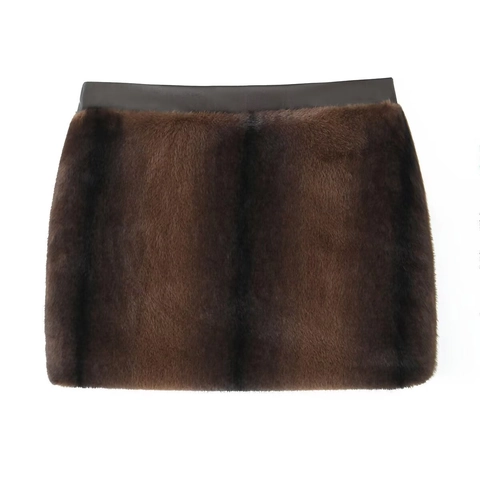 Minigonna In Pelliccia Sintetica Da Donna Con Finiture In Pelle Sexy Vita Alta Streetwear Bodycon Marrone Scuro