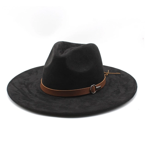 Fedora Hut Breiter Rand Wildlederoptik Retro Britischer Stil Jazz Cowboyhut Mit Lederband Metallschnalle