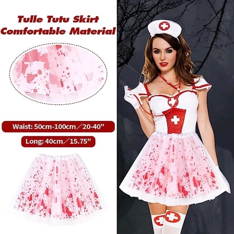 Halloween Cosplay Λεκές από Αίμα Λευκή Φούστα Τούτου για Γυναίκες Κοστούμι Πάρτι Τρόμου Πλισέ Φούστα με Πλέγμα και Ελαστική Μέση