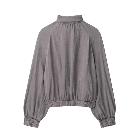 Chaqueta Bomber Mujer Color Sólido Ligera Cuello Alzado Cordón Cremallera Manga Larga Ropa Exterior Casual Gris