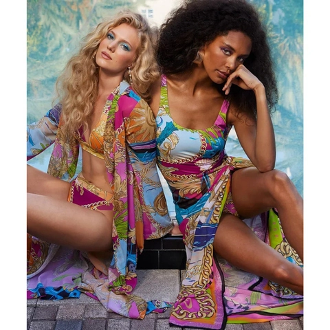 Women One Piece Swimsuit Beach Set Baroque Chain Print Polyester Spandex Padded Swimwear With Matching Sarong Wrap