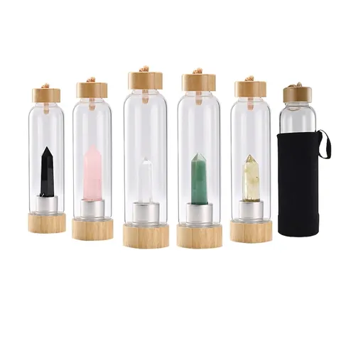 Borosilicate Glass Water Bottle With Natural Bamboo Lid And Healing Crystal Pillar Eco Friendly Drinking Glass
