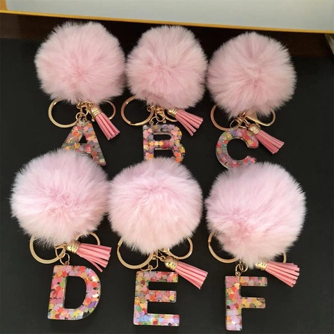Alphabet Letter Keychain Transparent Resin With Heart Sequins Pink Fur Ball And Tassel Bag Charm Fashion Accessory