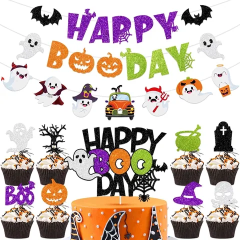 Halloween Party Dekoration Glitzerpapier Happy Boo Day Banner Gespenst Kürbis Kuchendeckel Hängende Girlande Ornamente