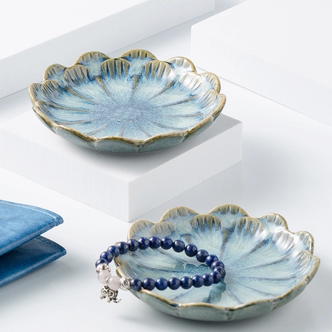 Ceramic Jewelry Tray Lotus Petal Leaf Shape Decorative Storage Dish Nordic Style Kiln Glazed Trinket Plate
