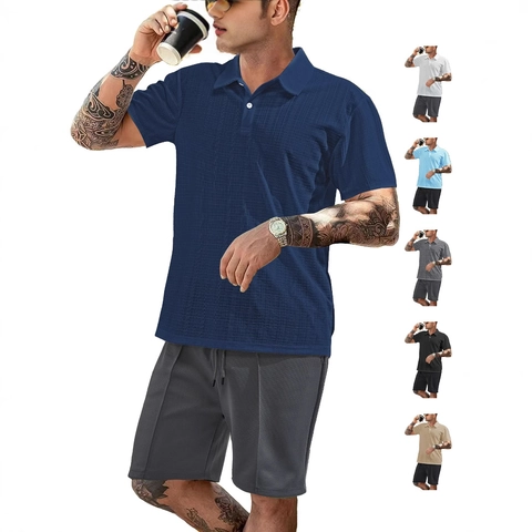 Ensemble Polo À Texture Gauffrée Et Short Homme Tenue Décontractée Été Manches Courtes Col À Revers Boutonné