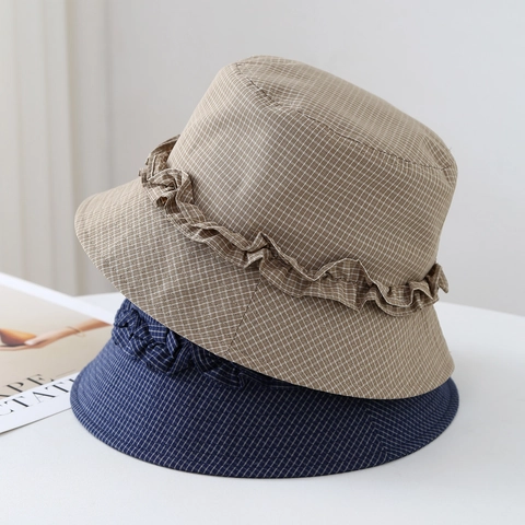 Cappello Alla Pescatora A Quadri Con Bordo A Volant Per Donna Protezione Solare Estate Pieghevole Regolabile
