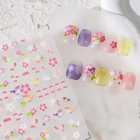 Autocollants Ongles Cerisiers Ultra Mince Auto Adhésif Mat Fleur Oiseau Motif DIY Manucure Décoration KX-318