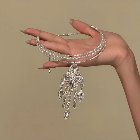 Luxus Mehrlagiges Choker Strass Künstliche Perlenimitation Kronleuchter Anhänger Quaste Hochzeit Abendparty Schmuck Frauen