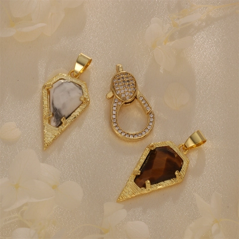 Natural Stone Pendant Copper Gold Plated Pave Zircon Clasp DIY Jewelry Finding Tiger Eye Turquoise Geometric Arrowhead