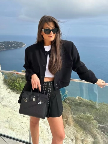 Women Bomber Jacket Short Flight Outerwear Stand Collar Large Pockets Ribbed Trim Casual Chic Coat Polyester
