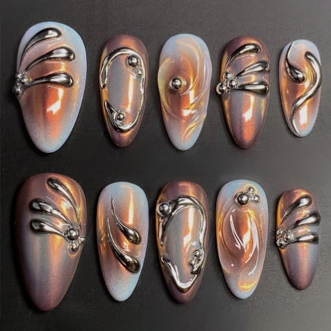 Uñas Postizas Con Relieve Metálico 3D Degradado Irregular Ojo De Gato Forma Almendra Estilo Dulce Mujer