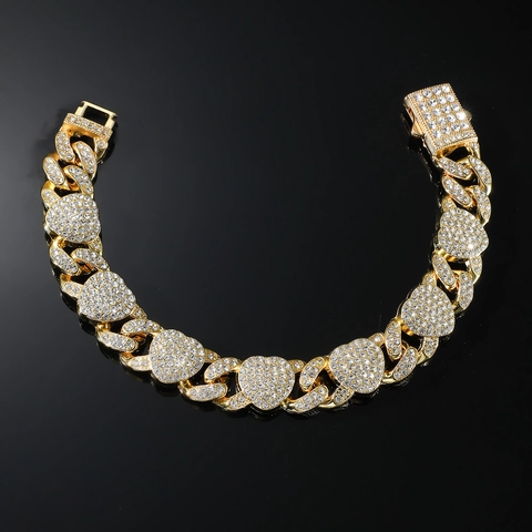 Luxus Legierung Strass Herz Panzerkette Armband Iced Out Bling Hip Hop Schmuck Für Party Alltag Unisex Accessoire